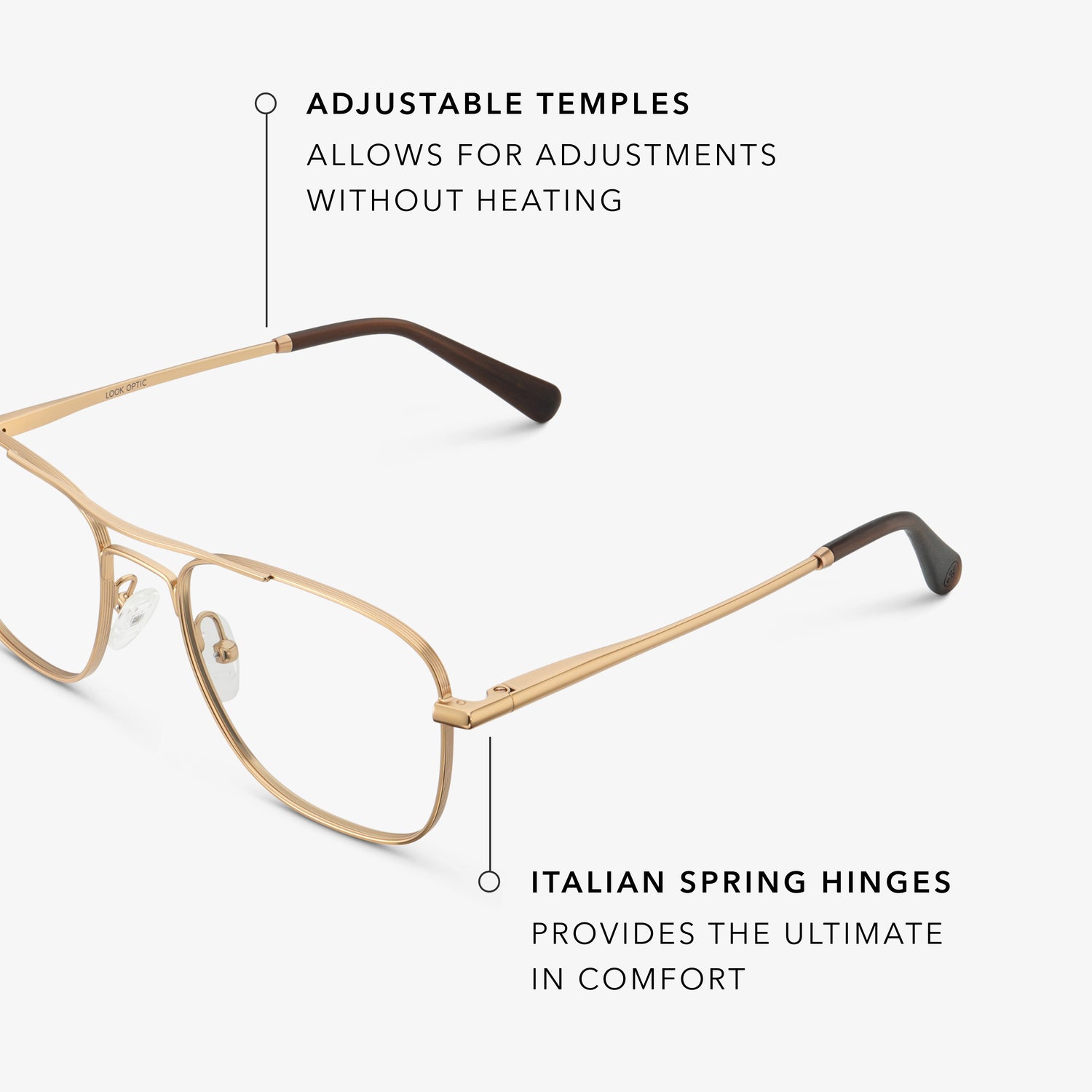 
Gold aviator-style eyeglasses with a double bridge and clear lenses, shown in a close angled view highlighting the adjustable temples and Italian spring hinges.