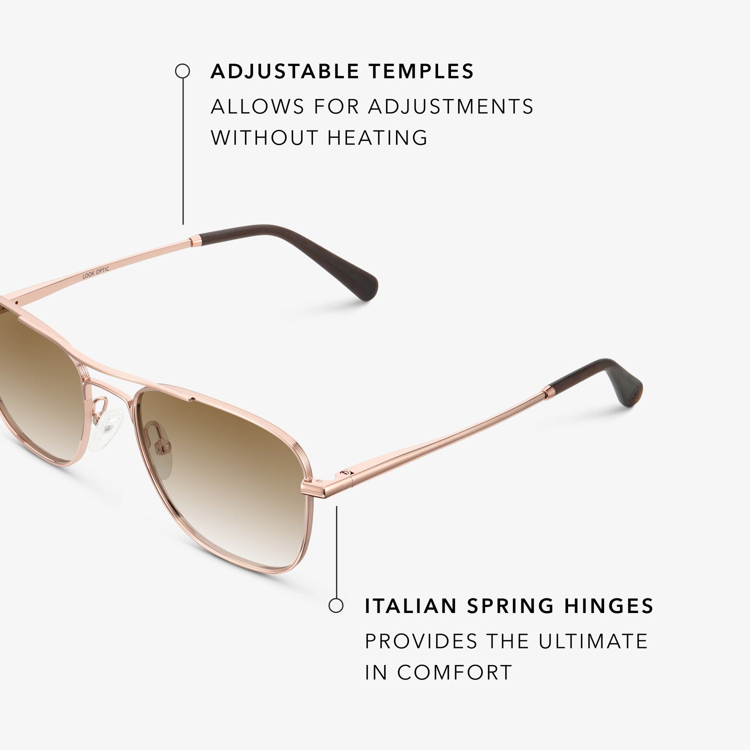 
Shiny rose gold aviator-style eyeglasses with a double bridge and brown gradient tinted lenses, shown in a close angled view highlighting the adjustable temples and Italian spring hinges.