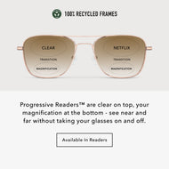 
Infographic showing shiny rose gold aviator frames with brown gradient tinted progressive lenses, clear on top and magnification at the bottom.