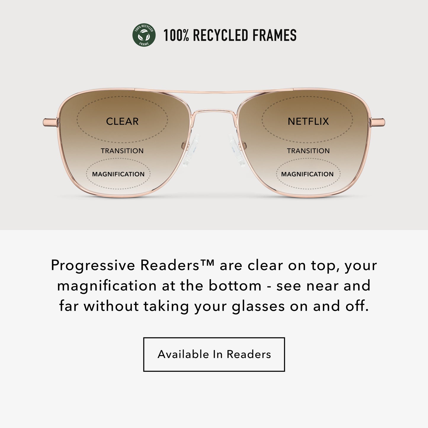 
Infographic showing shiny rose gold aviator frames with brown gradient tinted progressive lenses, clear on top and magnification at the bottom.