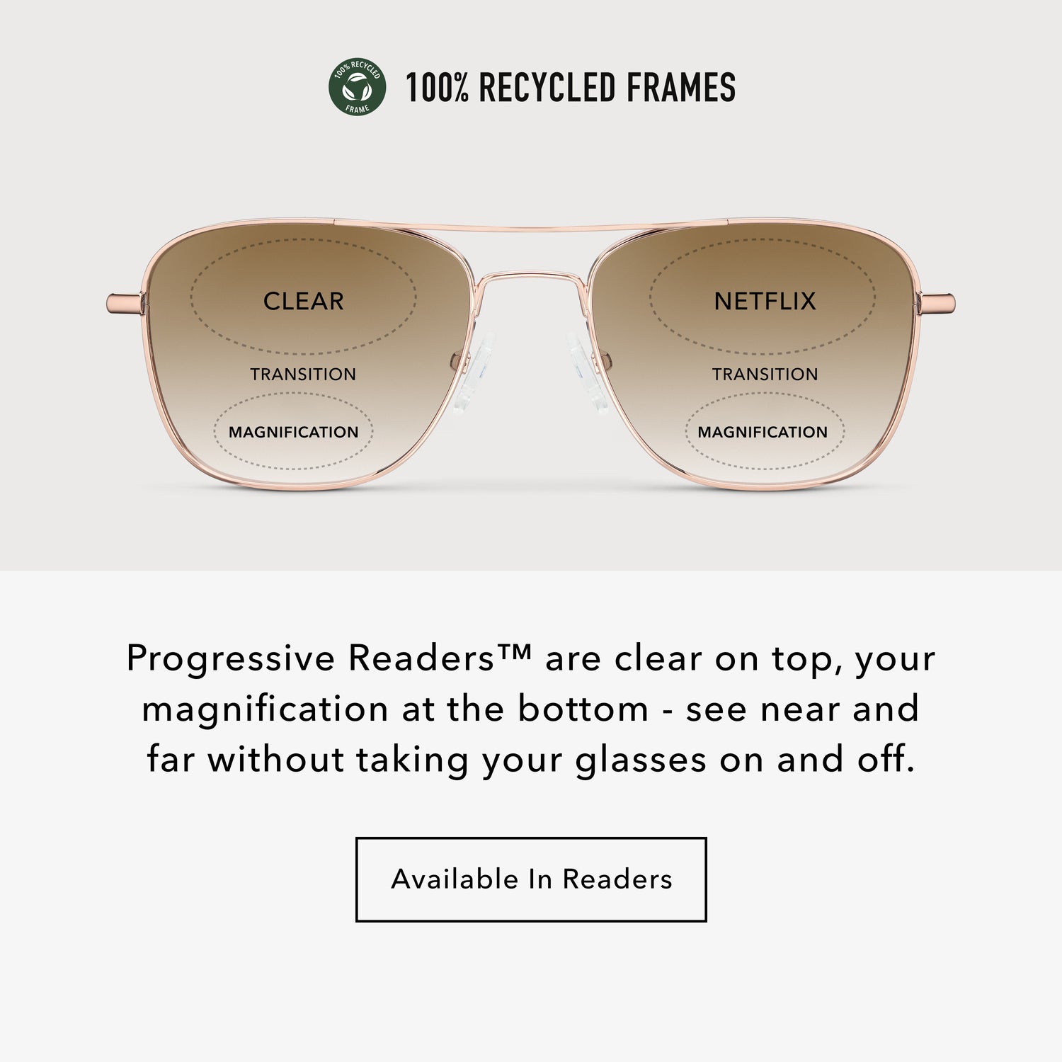
Infographic showing shiny rose gold aviator frames with brown gradient tinted progressive lenses, clear on top and magnification at the bottom.