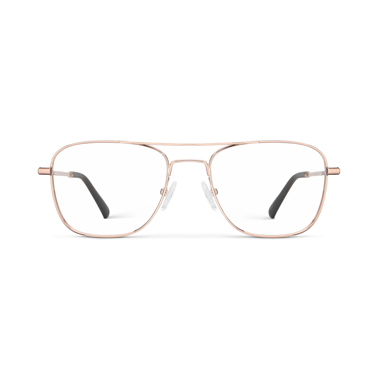 
Shiny rose gold aviator-style eyeglasses with a double bridge and clear lenses.