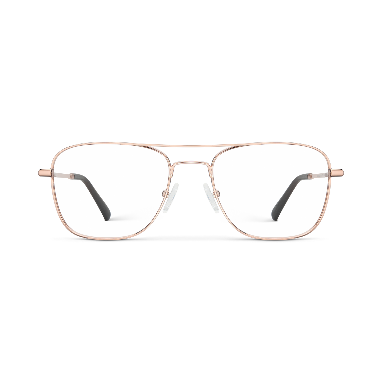 
Shiny rose gold aviator-style eyeglasses with a double bridge and clear lenses.
