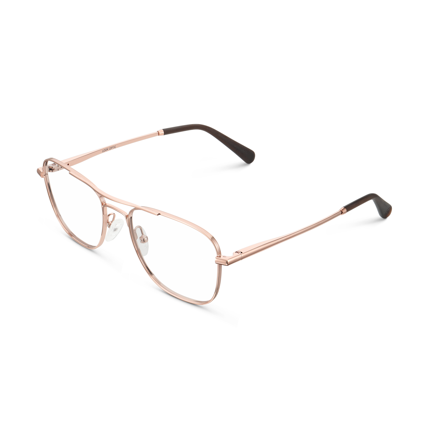 
Shiny rose gold aviator-style eyeglasses with a double bridge and clear lenses, shown from an angled side view.