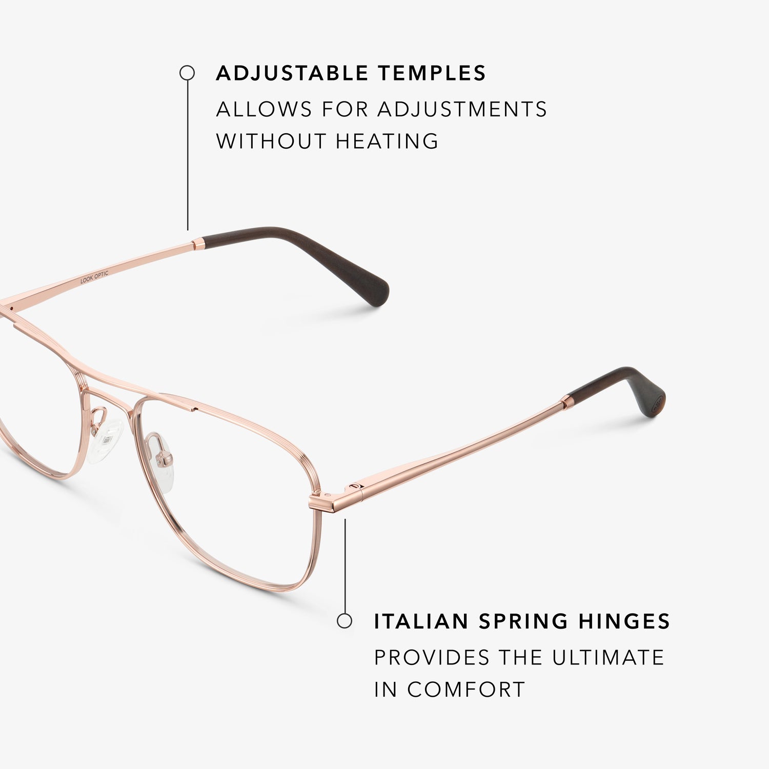
Shiny rose gold aviator-style eyeglasses with a double bridge and clear lenses, shown in a close angled view highlighting the adjustable temples and Italian spring hinges.