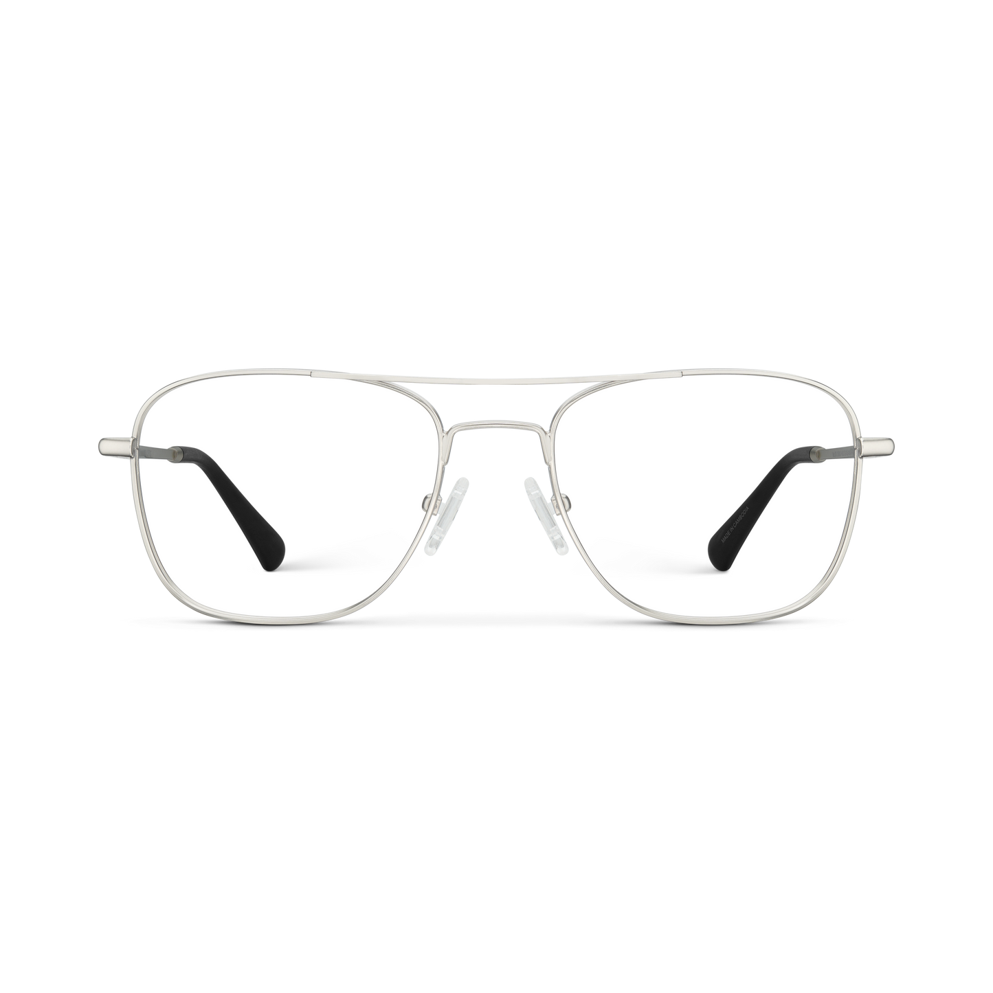
Silver aviator-style eyeglasses with a double bridge and clear lenses.