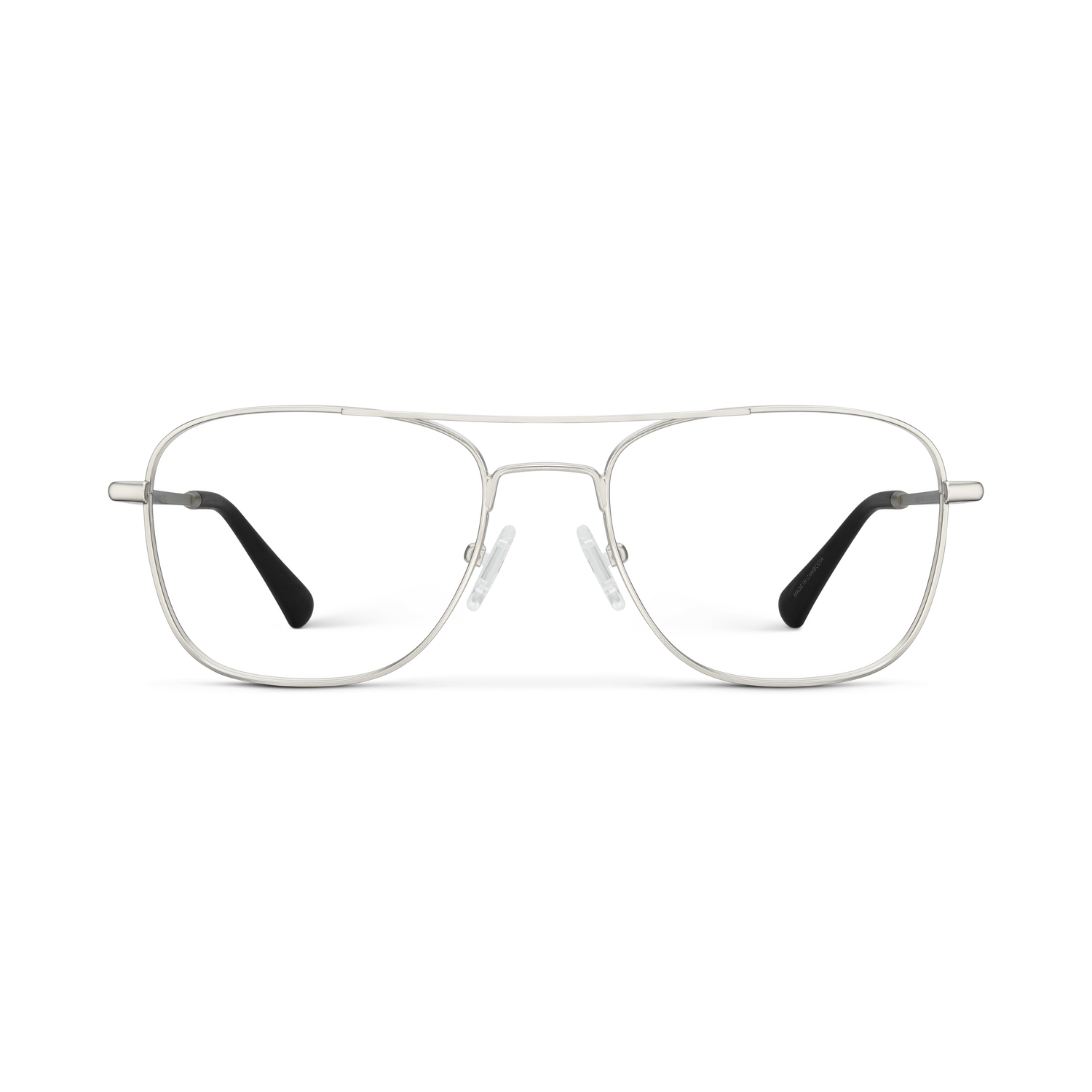 
Silver aviator-style eyeglasses with a double bridge and clear lenses.