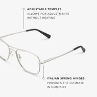 
Silver aviator-style eyeglasses with a double bridge and clear lenses, shown in a close angled view highlighting the adjustable temples and Italian spring hinges.