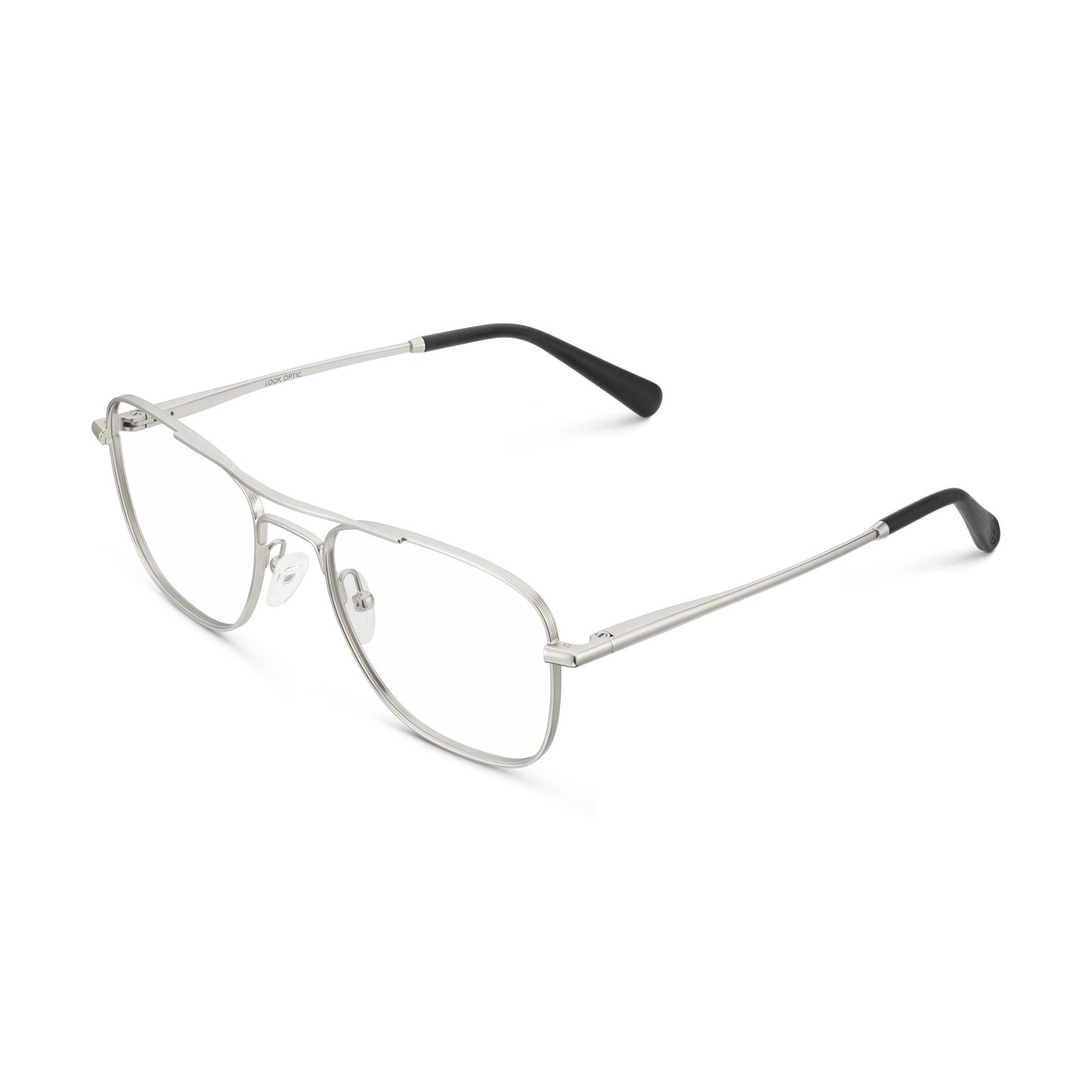 
Silver aviator-style eyeglasses with a double bridge and clear lenses, shown from an angled side view.