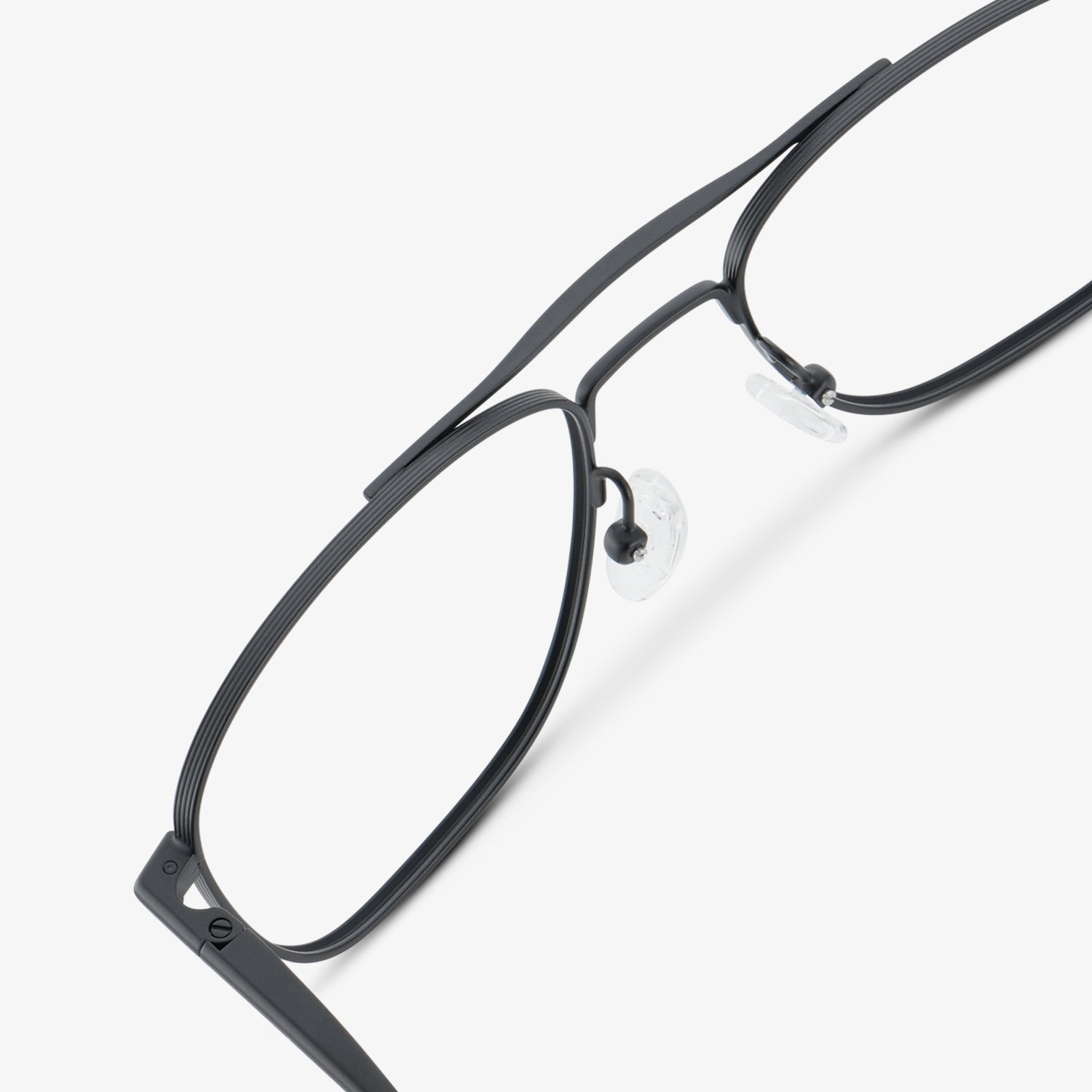 
Matte black aviator-style eyeglasses with a double bridge and clear lenses, shown in a close rear angled view highlighting the double bridge and adjustable nose pads.