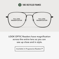 
Infographic showing black aviator frames with full lens magnification across the entire lens.
