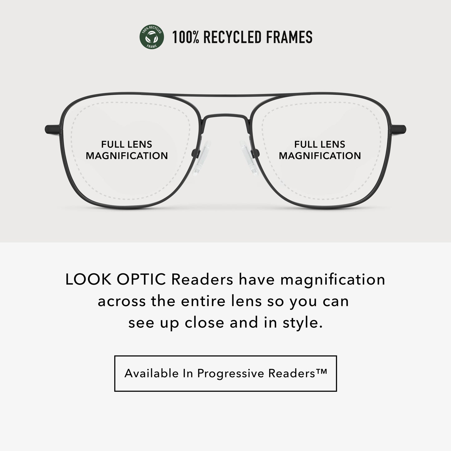 
Infographic showing black aviator frames with full lens magnification across the entire lens.