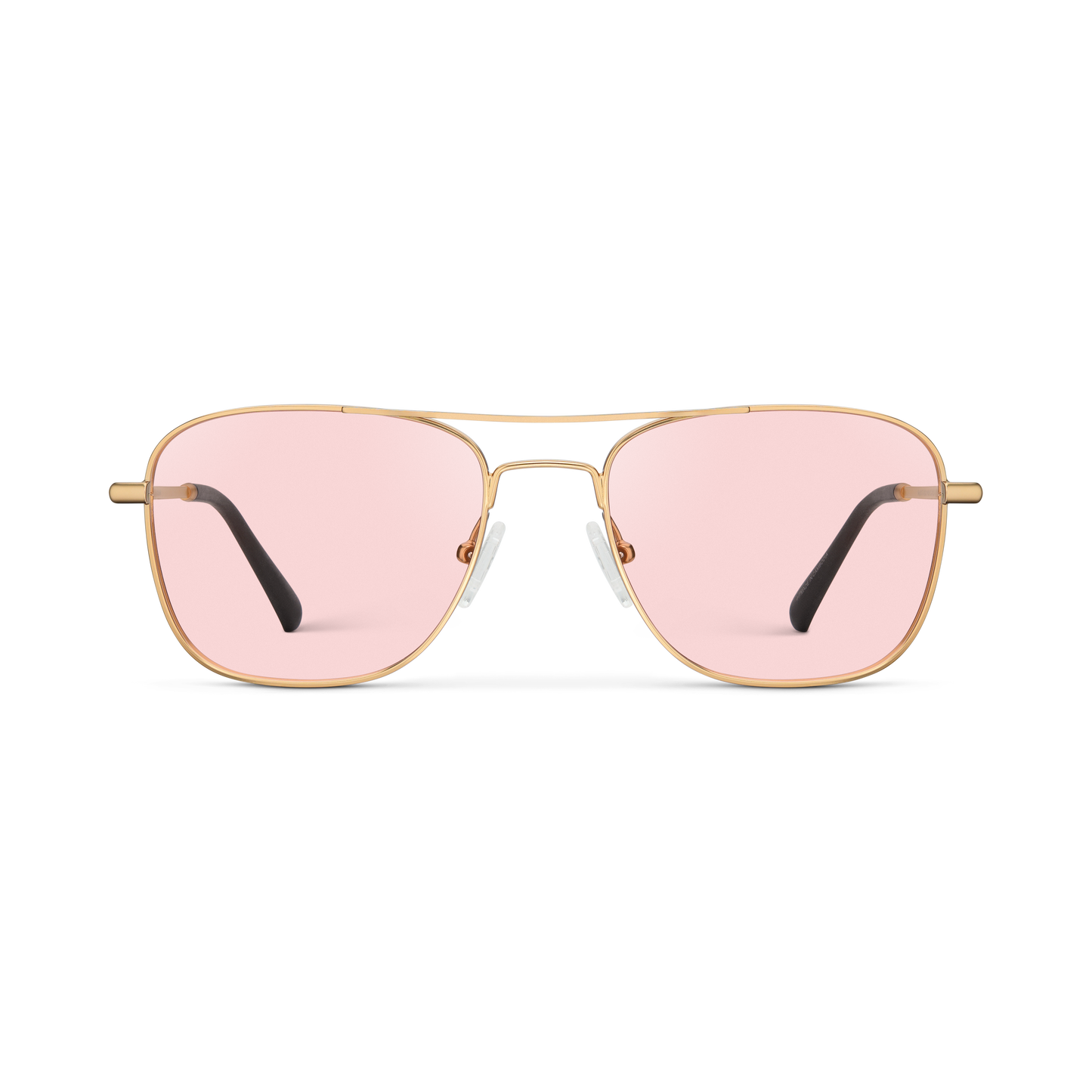 
Gold aviator-style eyeglasses with a double bridge and light pink tinted lenses.
