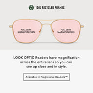 
Infographic showing gold aviator frames with pink tinted lenses and full lens magnification across the entire lens.
