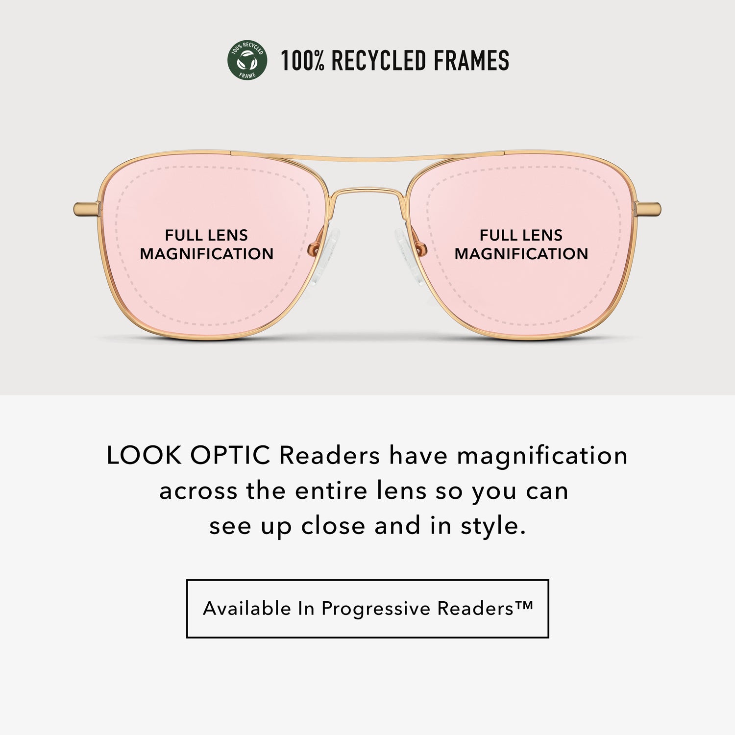 
Infographic showing gold aviator frames with pink tinted lenses and full lens magnification across the entire lens.