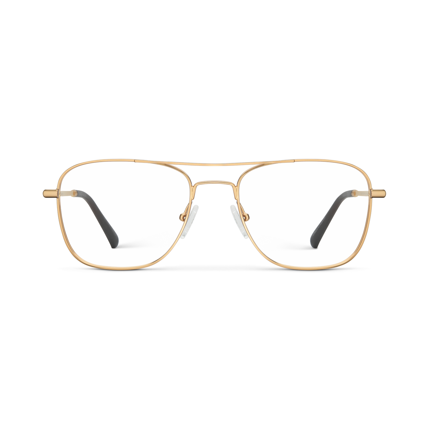 
Gold aviator-style eyeglasses with a double bridge and clear lenses.