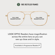 
Infographic showing gold aviator frames with full lens magnification across the entire lens.