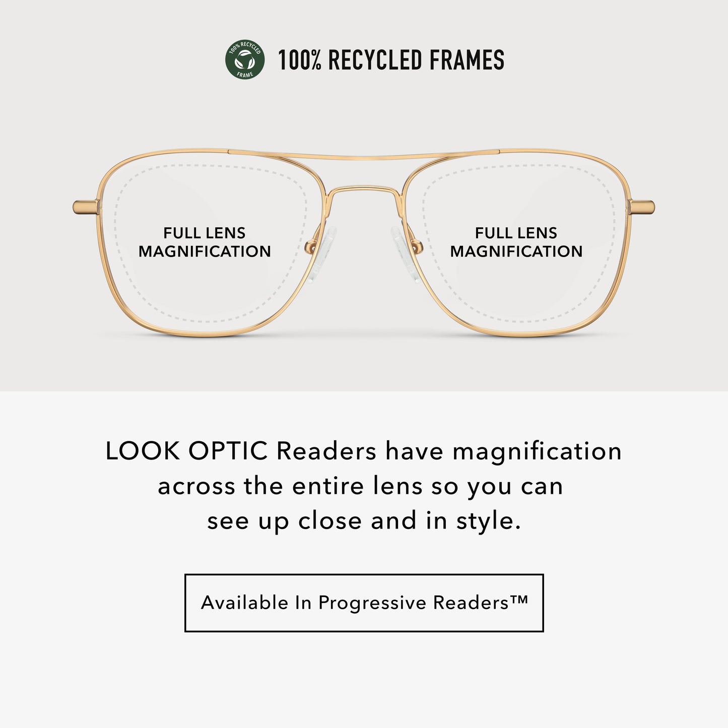 
Infographic showing gold aviator frames with full lens magnification across the entire lens.