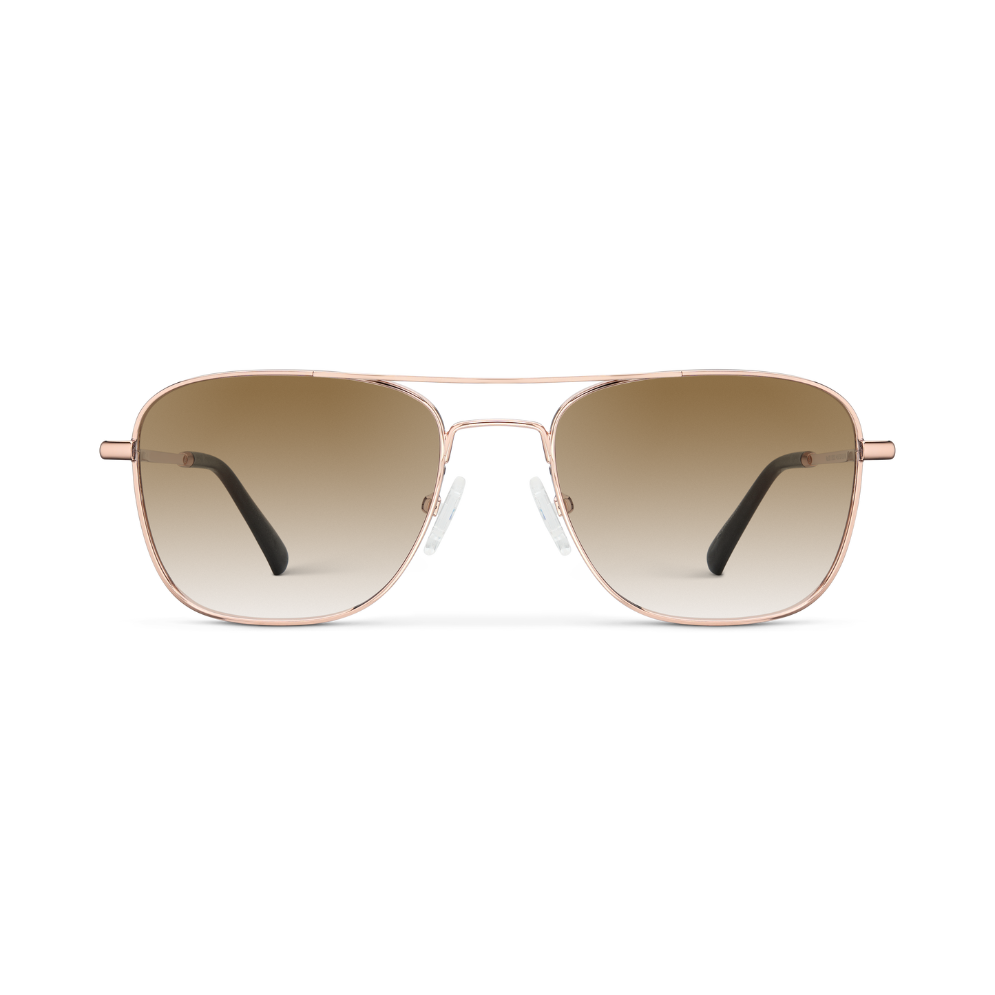 
Shiny rose gold aviator-style eyeglasses with a double bridge and brown gradient tinted lenses.