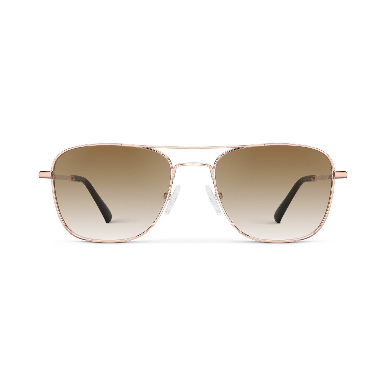 
Shiny rose gold aviator-style eyeglasses with a double bridge and brown gradient tinted lenses.