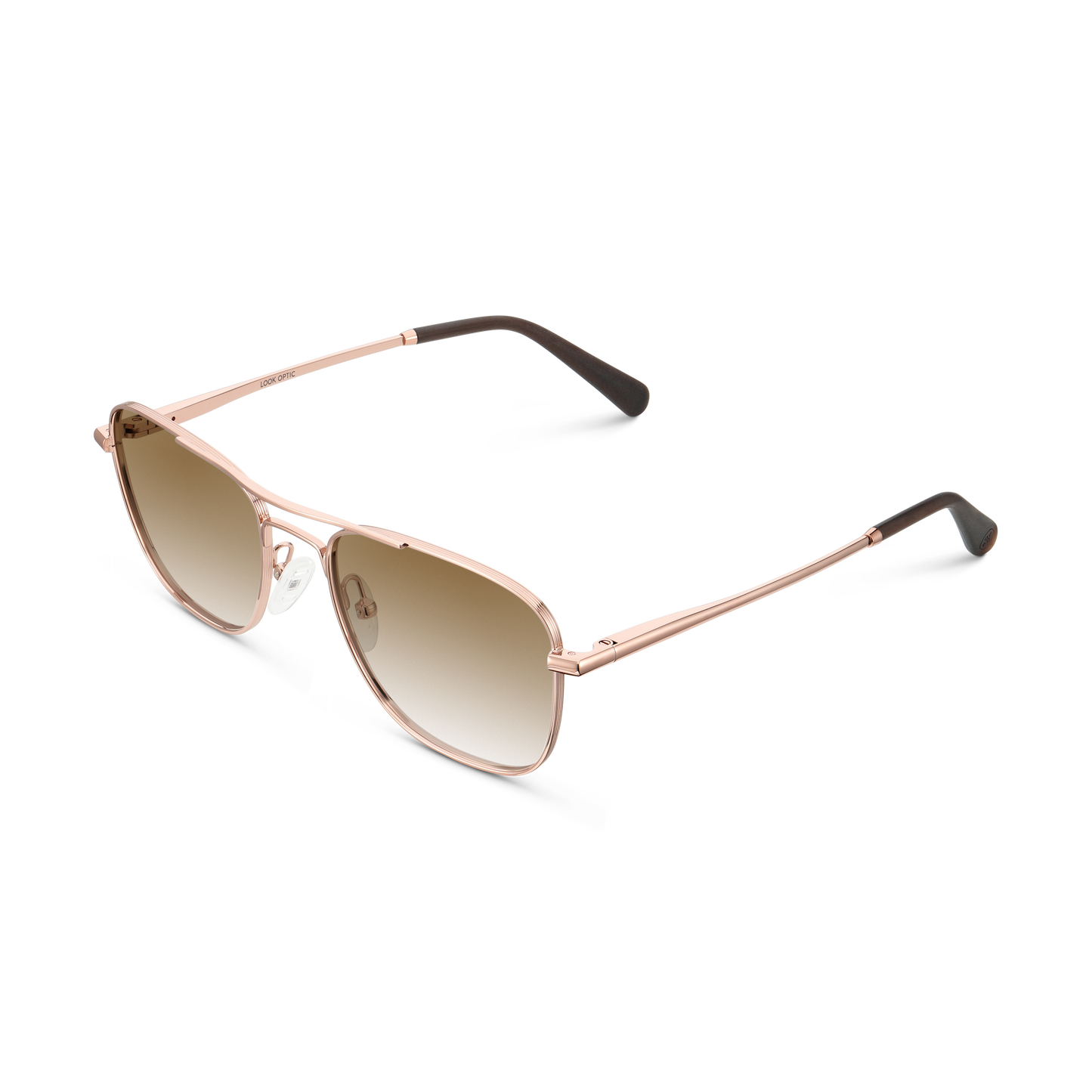
Shiny rose gold aviator-style eyeglasses with a double bridge and brown gradient tinted lenses, shown from an angled side view.