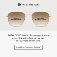 
Infographic showing shiny rose gold aviator frames with brown gradient tinted lenses and full lens magnification across the entire lens.