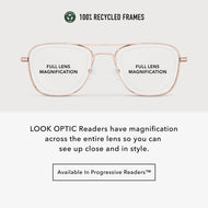 
Infographic showing shiny rose gold aviator frames with full lens magnification across the entire lens.