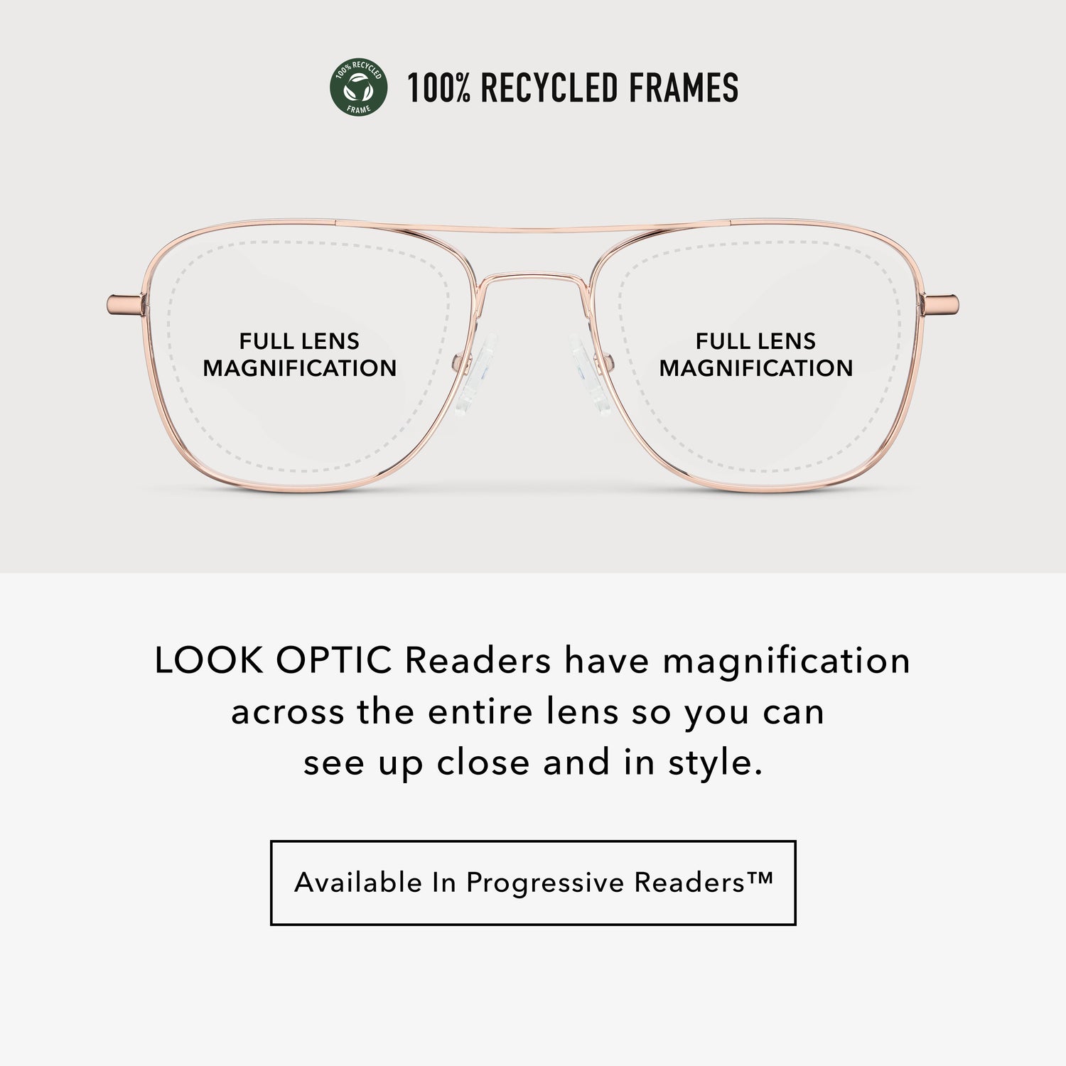 
Infographic showing shiny rose gold aviator frames with full lens magnification across the entire lens.