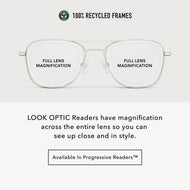 
Infographic showing silver aviator frames with full lens magnification across the entire lens.