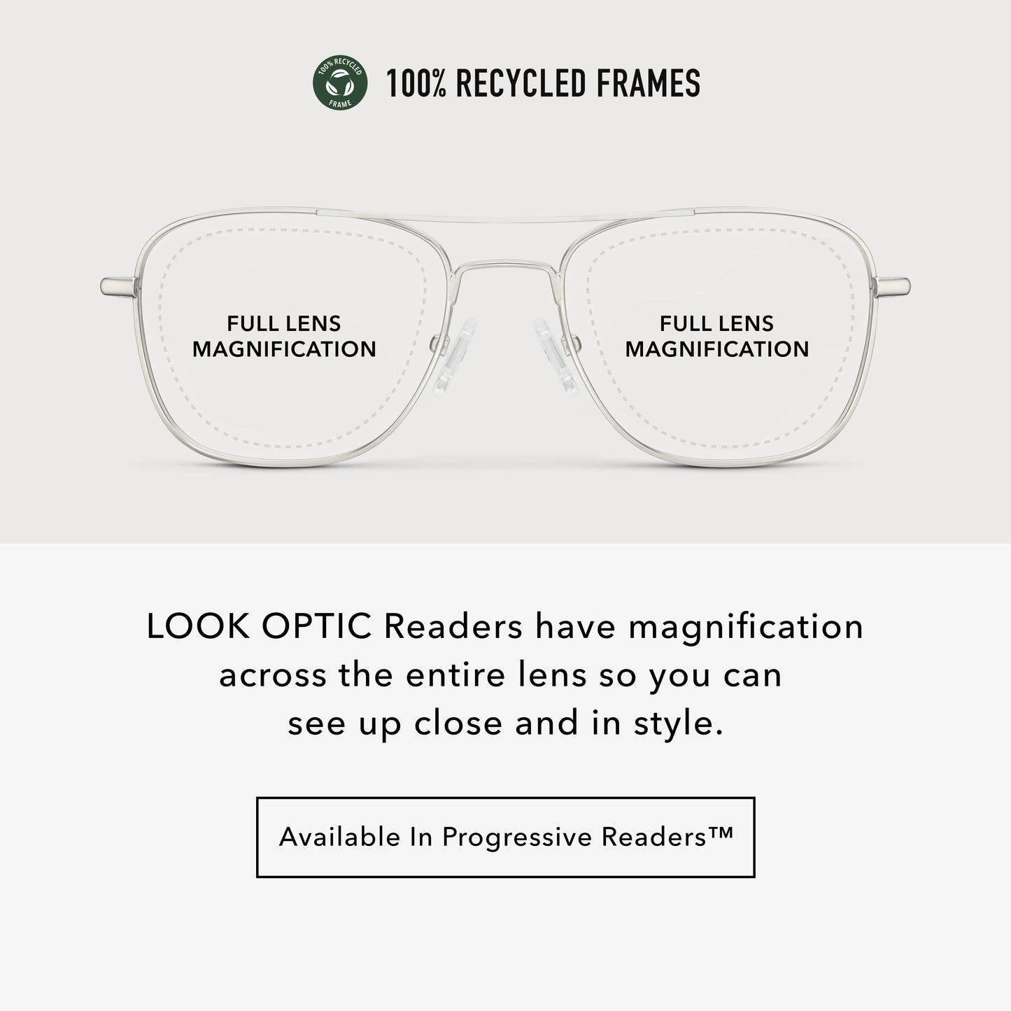 
Infographic showing silver aviator frames with full lens magnification across the entire lens.