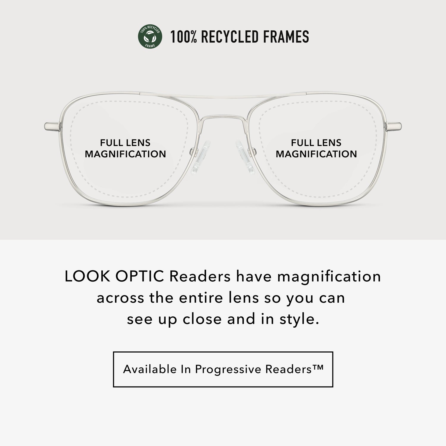 
Infographic showing silver aviator frames with full lens magnification across the entire lens.