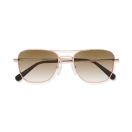
Shiny rose gold aviator-style eyeglasses with a double bridge and brown gradient tinted lenses, folded and shown from above.