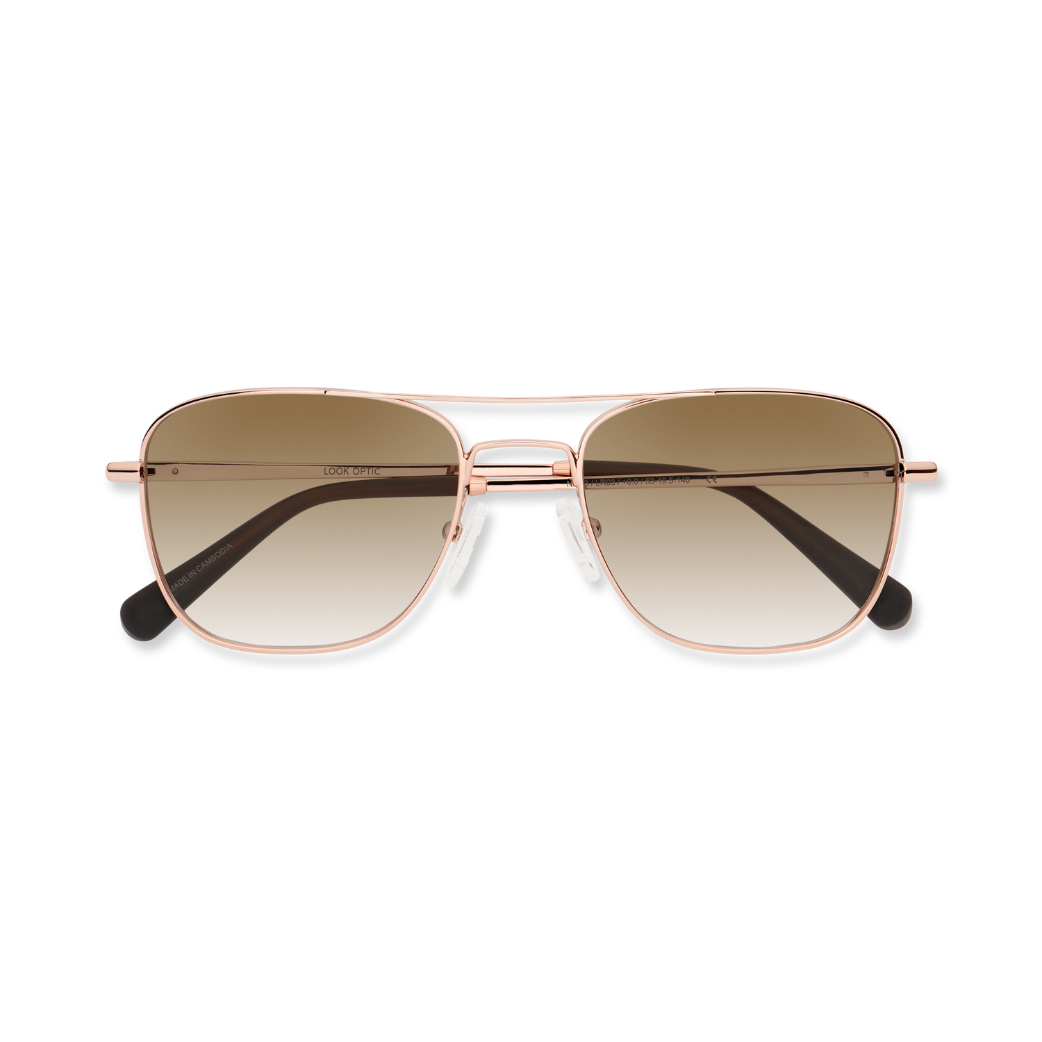 
Shiny rose gold aviator-style eyeglasses with a double bridge and brown gradient tinted lenses, folded and shown from above.