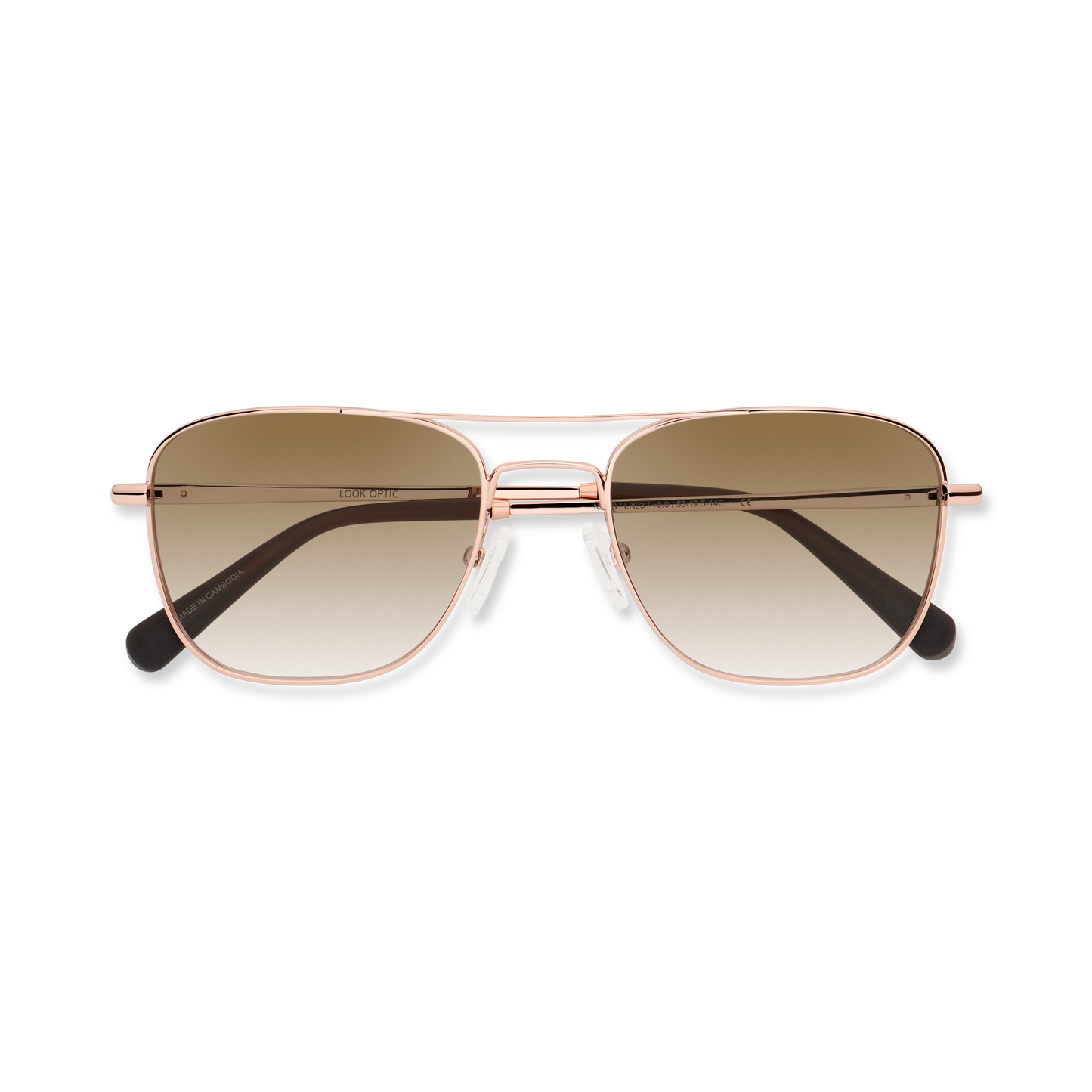 
Shiny rose gold aviator-style eyeglasses with a double bridge and brown gradient tinted lenses, folded and shown from above.