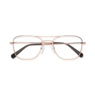 
Shiny rose gold aviator-style eyeglasses with a double bridge and clear lenses, folded and shown from above.