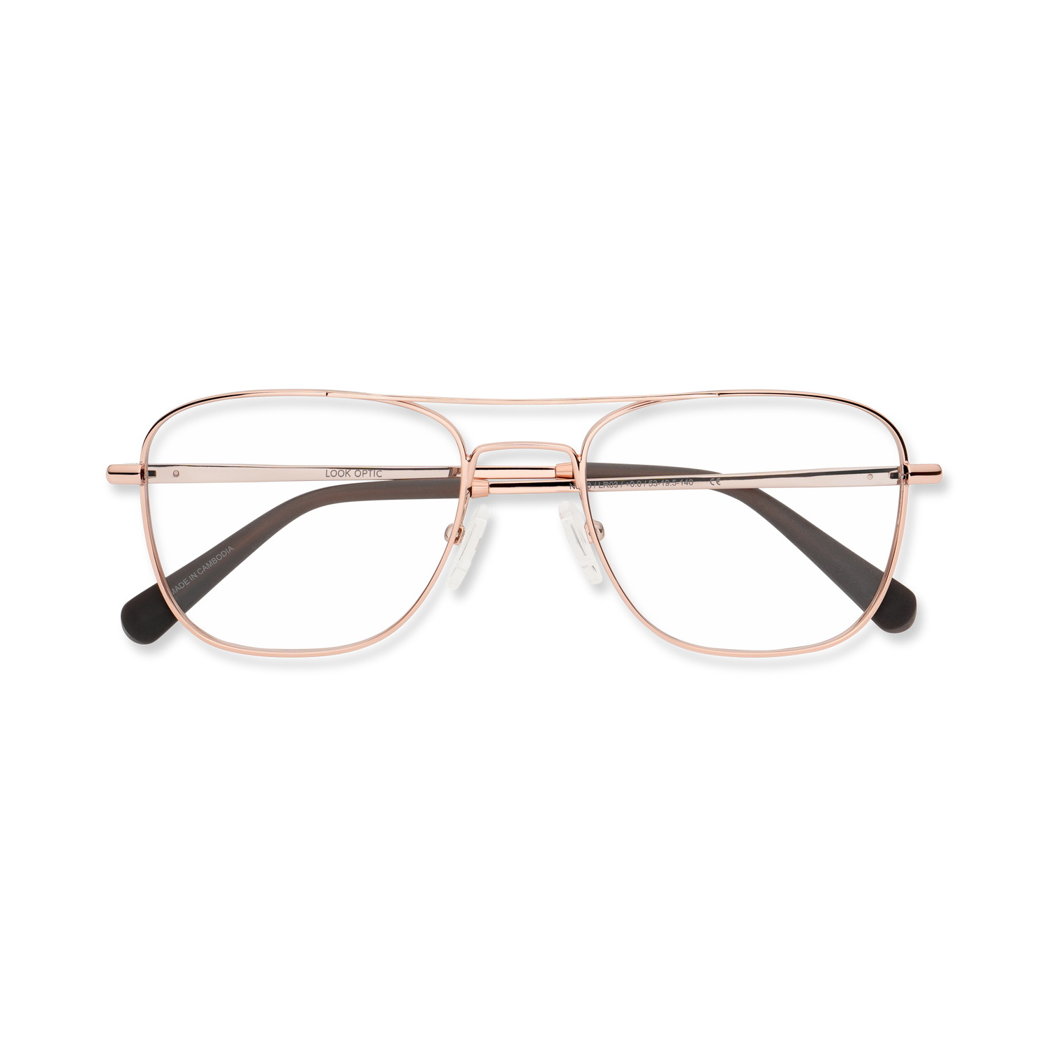 
Shiny rose gold aviator-style eyeglasses with a double bridge and clear lenses, folded and shown from above.