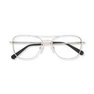 
Silver aviator-style eyeglasses with a double bridge and clear lenses, folded and shown from above.