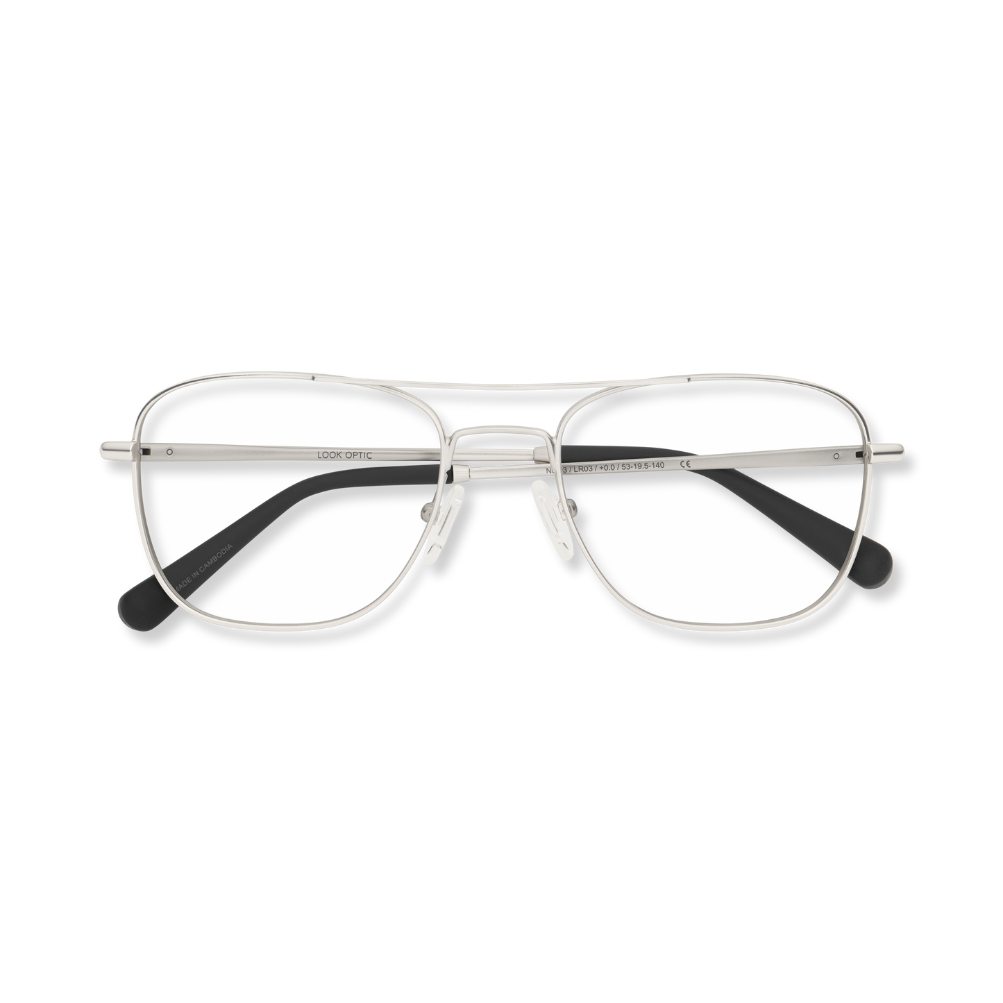 
Silver aviator-style eyeglasses with a double bridge and clear lenses, folded and shown from above.
