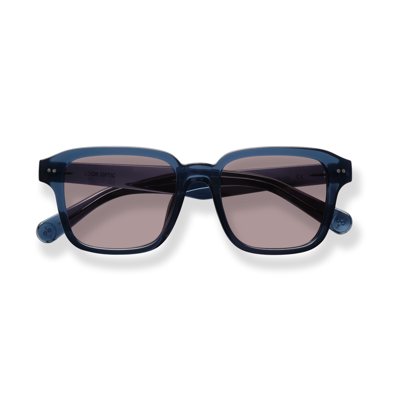 
Blue tortoiseshell sunglasses with dark gradient lenses and a thick rectangular frame.