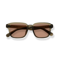 
Brown square sunglasses with dark tortoiseshell frames and decorative gold-toned hinges.