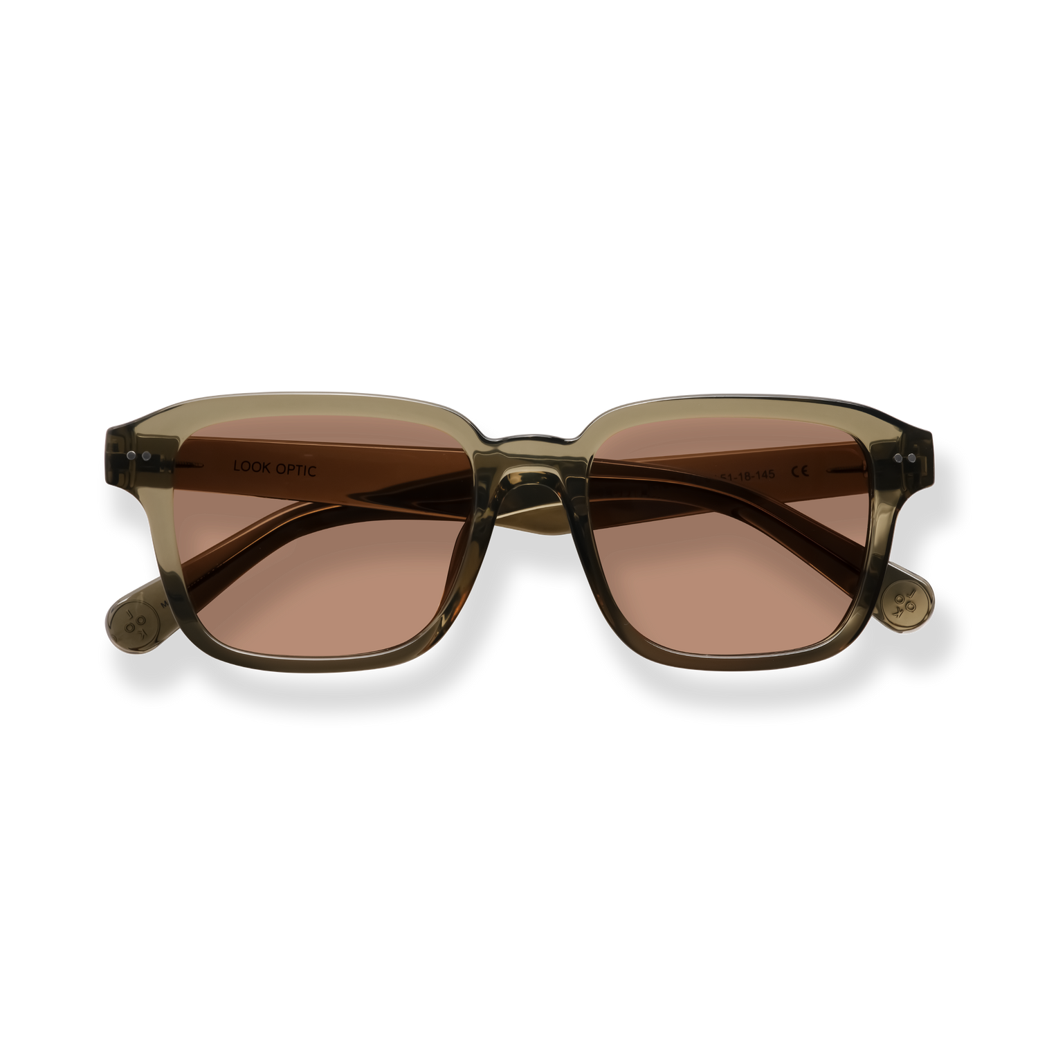 
Brown square sunglasses with dark tortoiseshell frames and decorative gold-toned hinges.