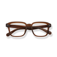 
Brown rectangular reading glasses with double silver rivets and curved temples.