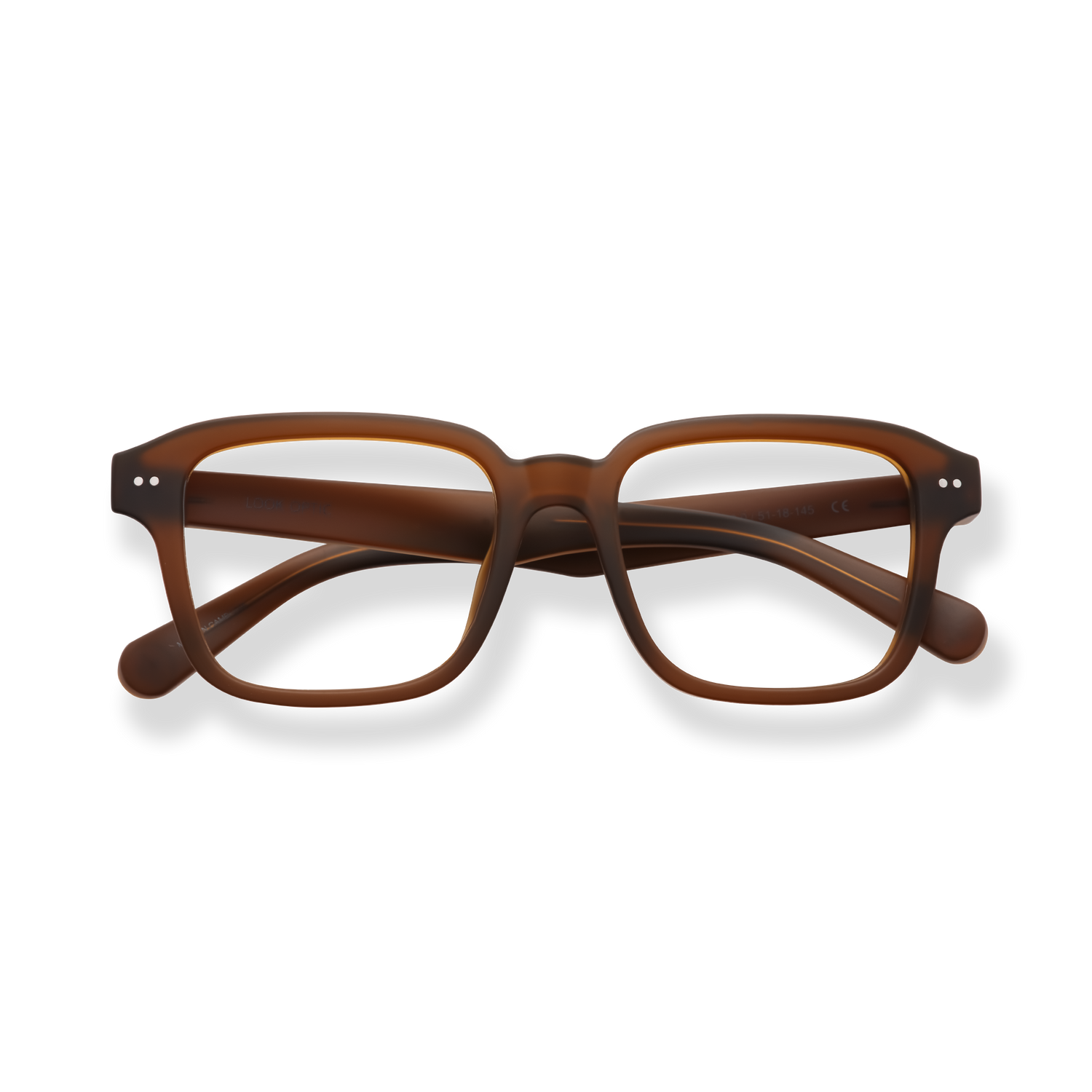 
Brown rectangular reading glasses with double silver rivets and curved temples.