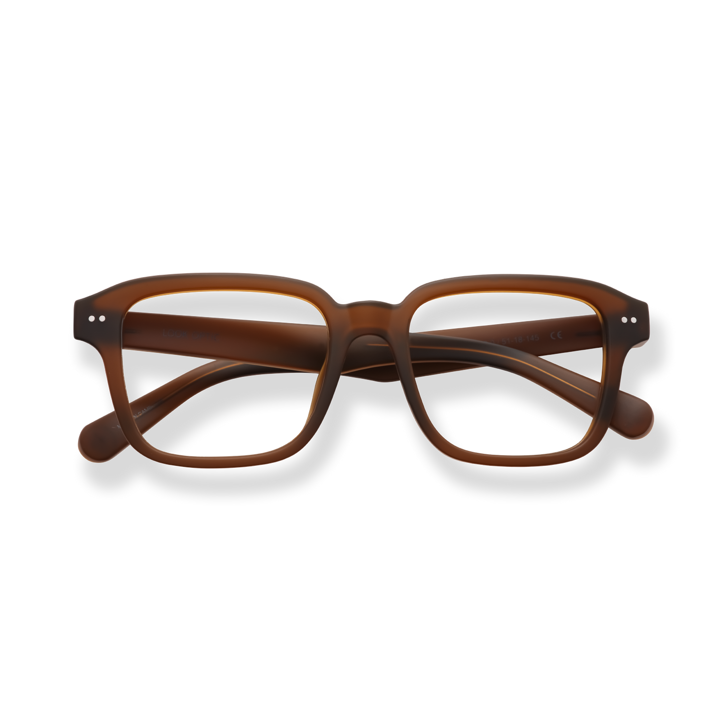 
Brown rectangular reading glasses with double silver rivets and curved temples.