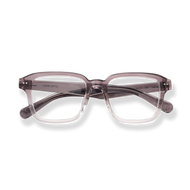 
Translucent taupe rectangular reading glasses with a double bridge and clear lower frames.