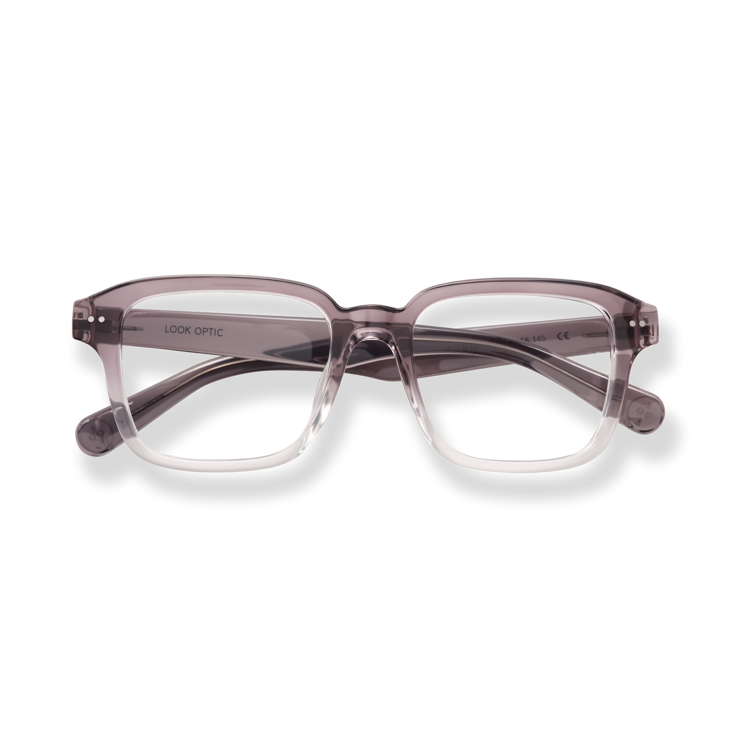 
Translucent taupe rectangular reading glasses with a double bridge and clear lower frames.