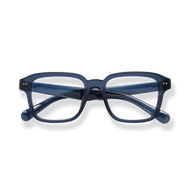 
Dark blue rectangular eyeglasses with clear lenses and rounded temple tips.