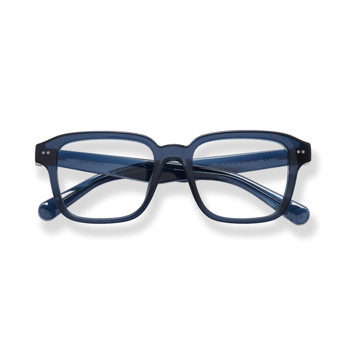 
Dark blue rectangular eyeglasses with clear lenses and rounded temple tips.