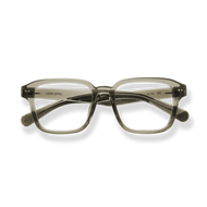
Clear gray square-frame reading glasses with metal temple accents.