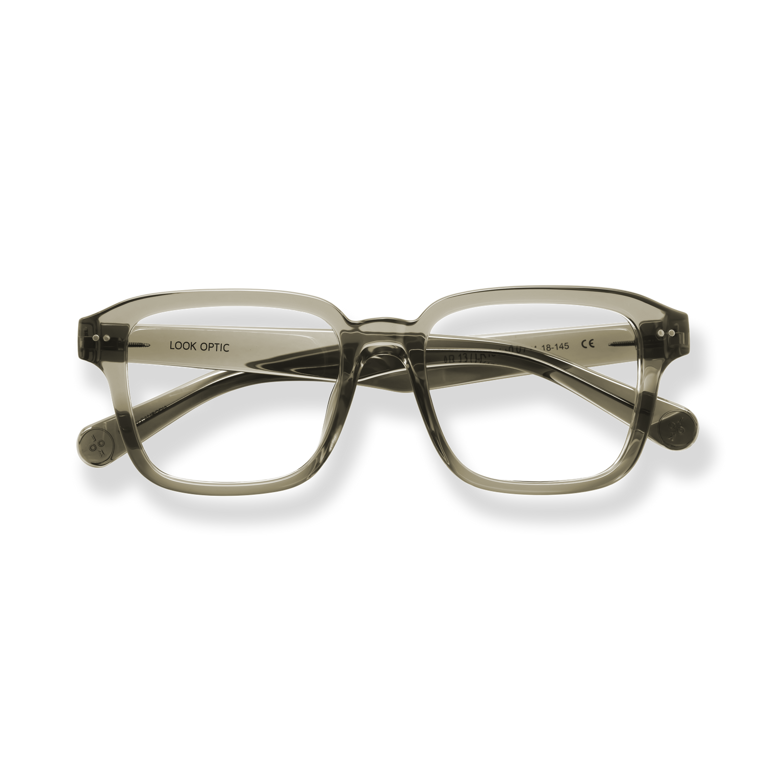 
Clear gray square-frame reading glasses with metal temple accents.